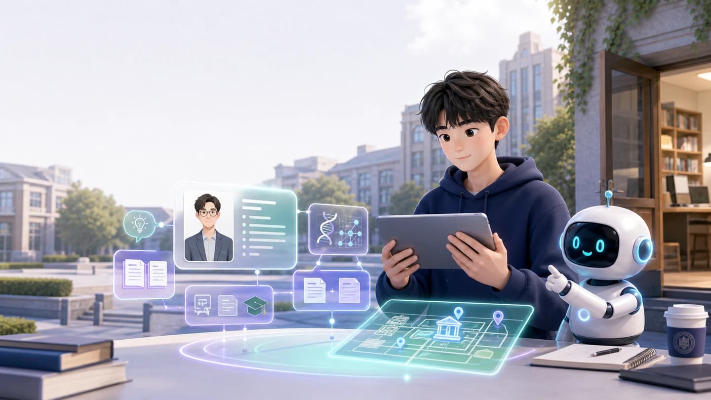 학생이 학교 공식 정보를 바탕으로 교수 연결 이유를 살펴보는 장면
